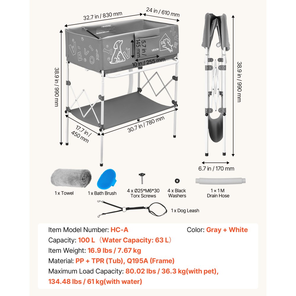 VEVOR Dog Bathtub, Elevated Dog Bath Tub, Collapsible Pet Bathing Grooming Wash Station, Portable Foldable Space-saving, with Built-In Drain Hose for Small and Medium Pet Cat Indoor & Outdoor, Gray