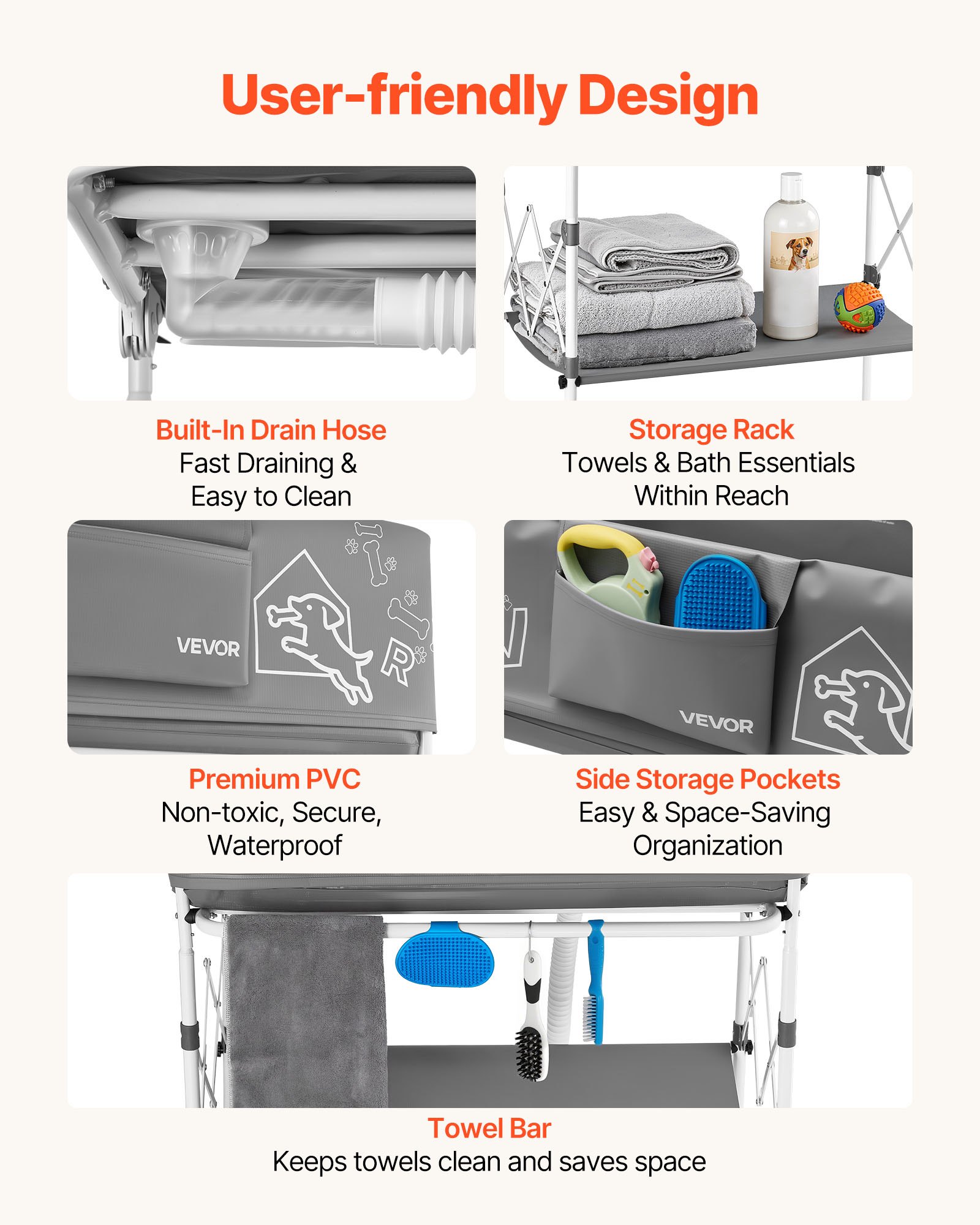 VEVOR Dog Bathtub, Elevated Dog Bath Tub, Collapsible Pet Bathing Grooming Wash Station, Portable Foldable Space-saving, with Built-In Drain Hose for Small and Medium Pet Cat Indoor & Outdoor, Gray