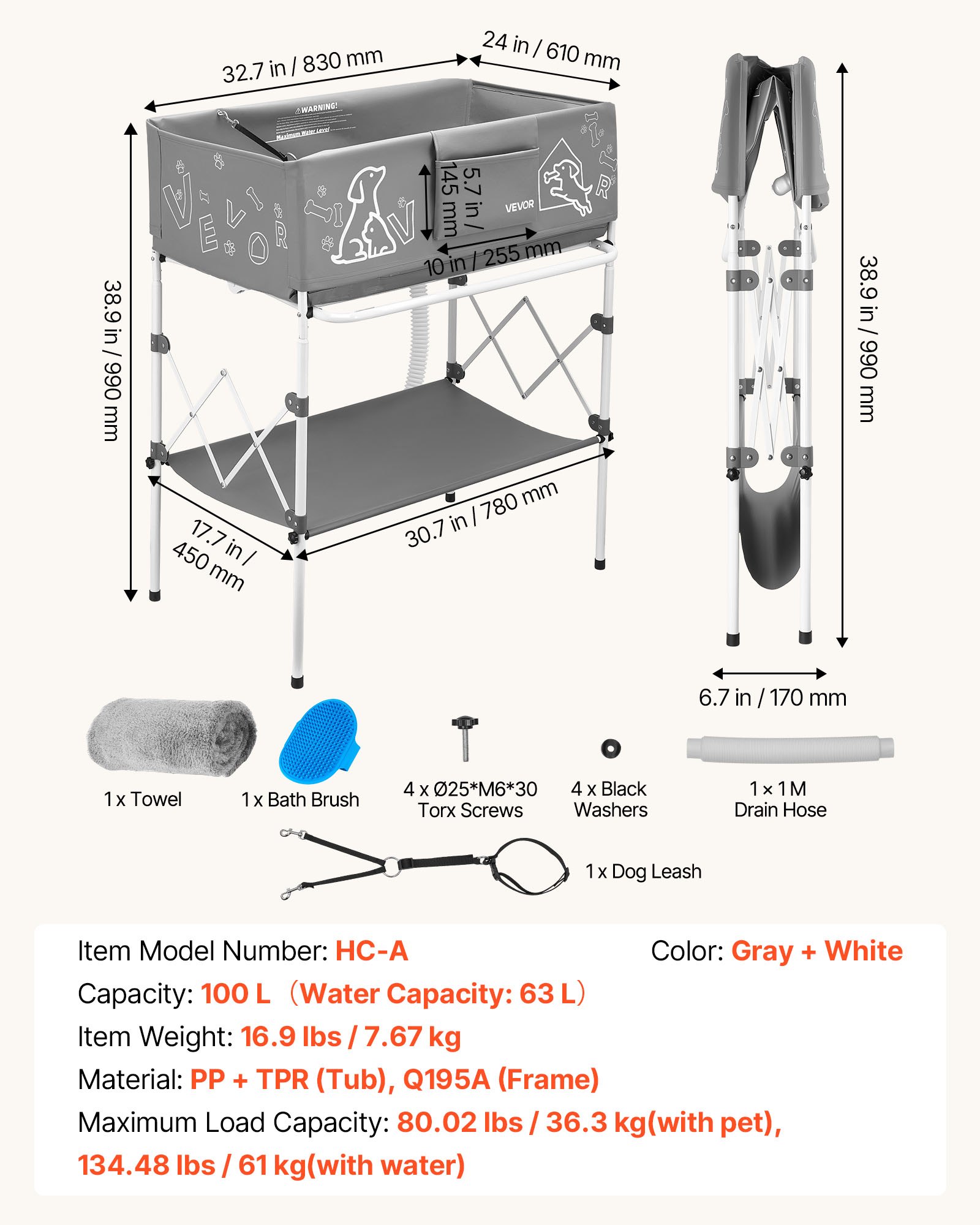 VEVOR Dog Bathtub, Elevated Dog Bath Tub, Collapsible Pet Bathing Grooming Wash Station, Portable Foldable Space-saving, with Built-In Drain Hose for Small and Medium Pet Cat Indoor & Outdoor, Gray