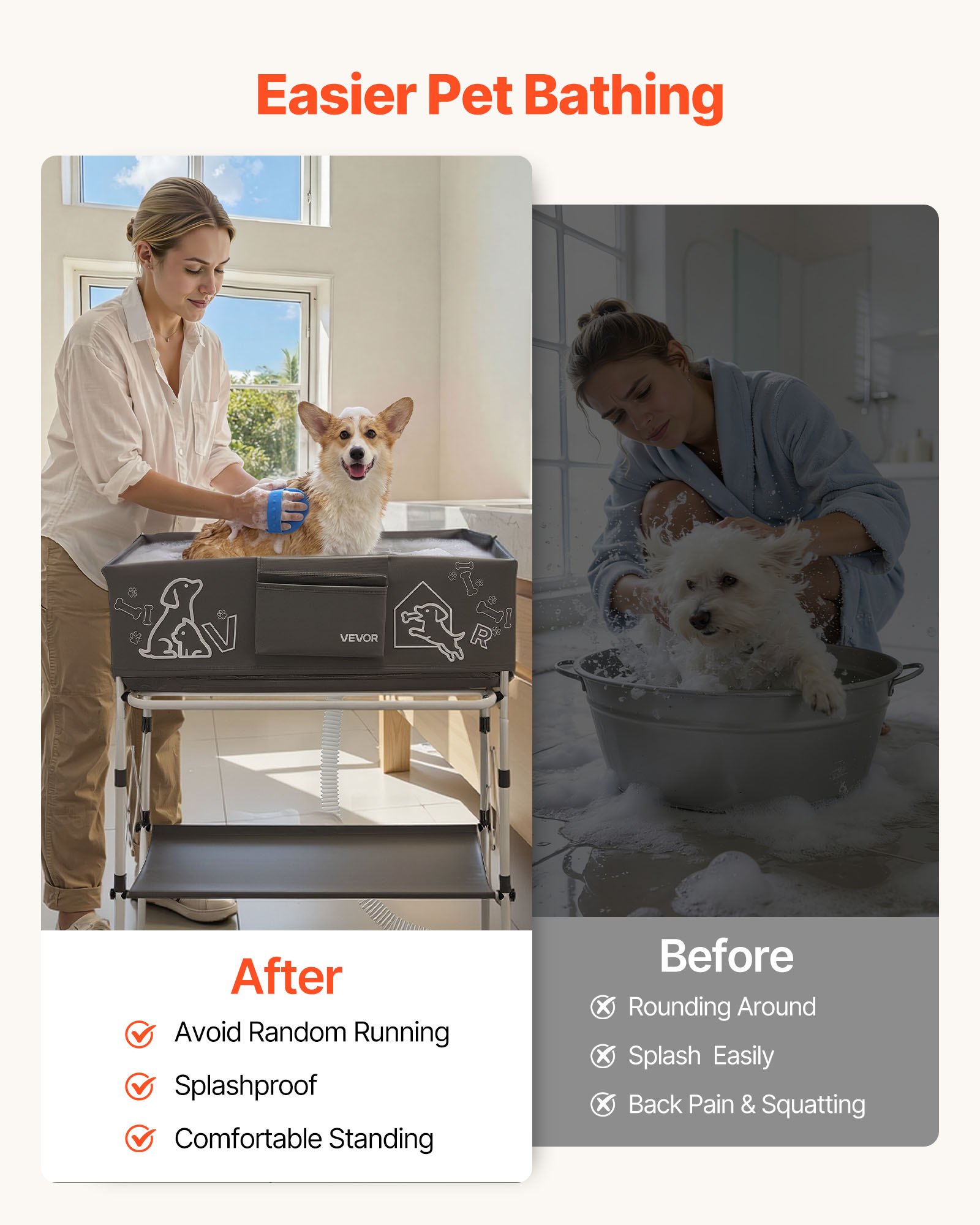 VEVOR Dog Bathtub, Elevated Dog Bath Tub, Collapsible Pet Bathing Grooming Wash Station, Portable Foldable Space-saving, with Built-In Drain Hose for Small and Medium Pet Cat Indoor & Outdoor, Gray