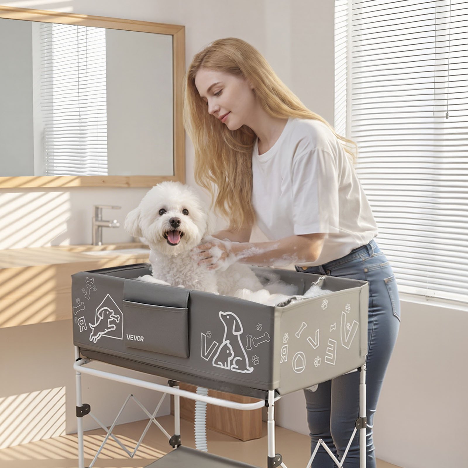 VEVOR Dog Bathtub, Elevated Dog Bath Tub, Collapsible Pet Bathing Grooming Wash Station, Portable Foldable Space-saving, with Built-In Drain Hose for Small and Medium Pet Cat Indoor & Outdoor, Gray