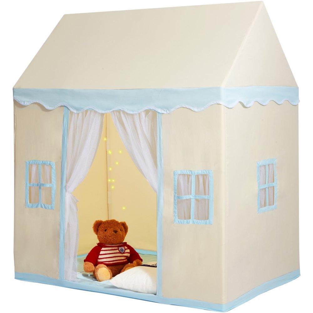 VEVOR kids play tent with blue trims, curtains, windows, and a teddy bear inside.