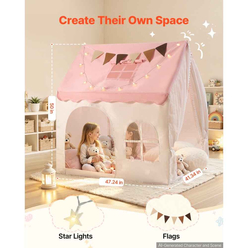VEVOR Kids Play Tent PVC Frame Playhouse for Kids with Padded Mat Pink, for Toddlers Girls Boys, Indoor & Outdoor, Reading Nook Nap Bed Tent, with Stars Lights, Carry Bag, Flag, Breathable Window