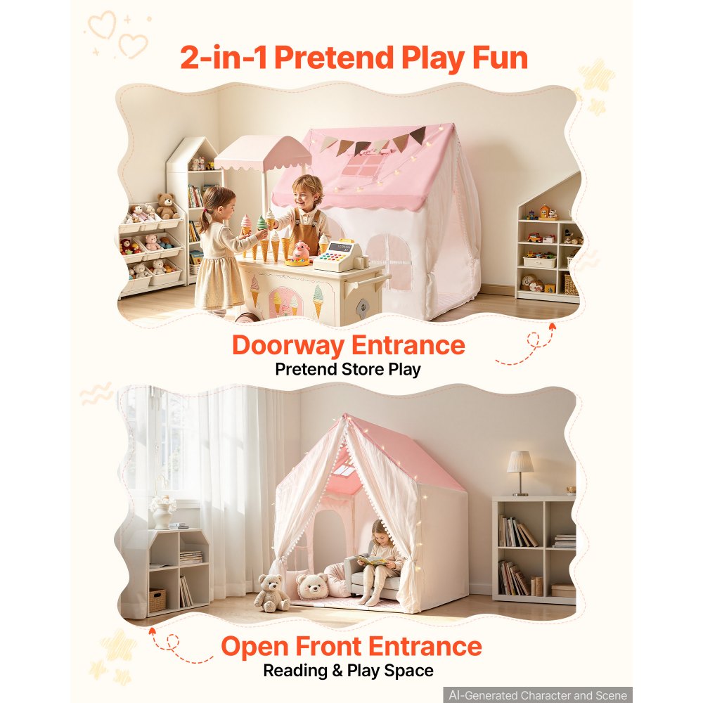 VEVOR Kids Play Tent PVC Frame Playhouse for Kids with Padded Mat Pink, for Toddlers Girls Boys, Indoor & Outdoor, Reading Nook Nap Bed Tent, with Stars Lights, Carry Bag, Flag, Breathable Window