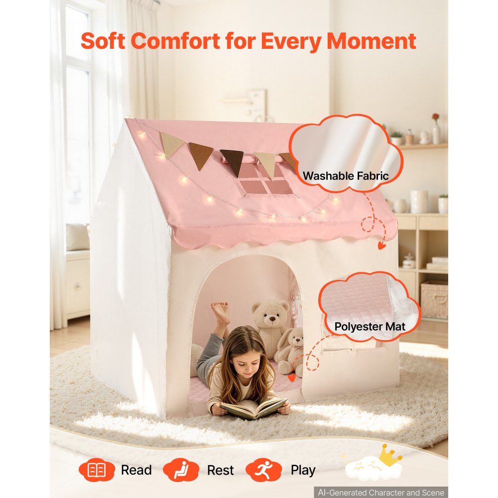 VEVOR Kids Play Tent PVC Frame Playhouse for Kids with Padded Mat Pink, for Toddlers Girls Boys, Indoor & Outdoor, Reading Nook Nap Bed Tent, with Stars Lights, Carry Bag, Flag, Breathable Window