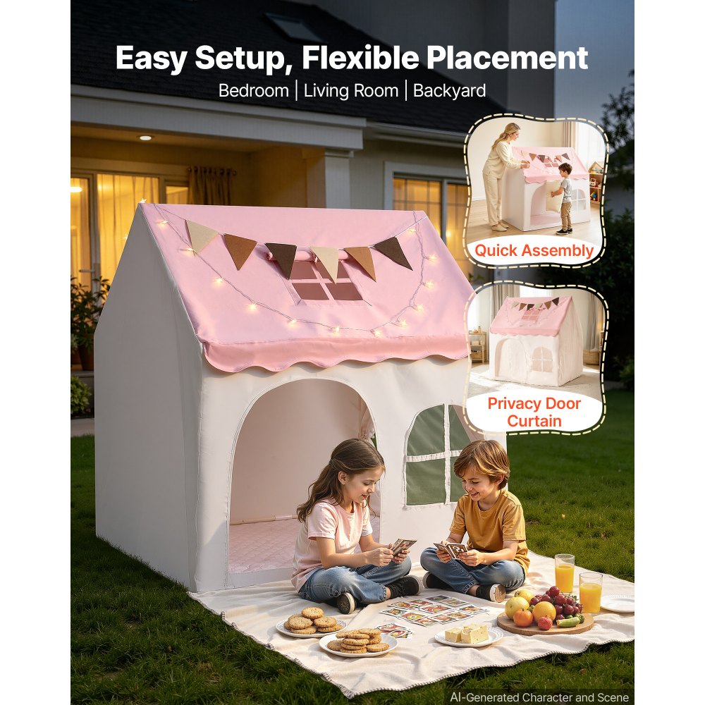 VEVOR Kids Play Tent PVC Frame Playhouse for Kids with Padded Mat Pink, for Toddlers Girls Boys, Indoor & Outdoor, Reading Nook Nap Bed Tent, with Stars Lights, Carry Bag, Flag, Breathable Window