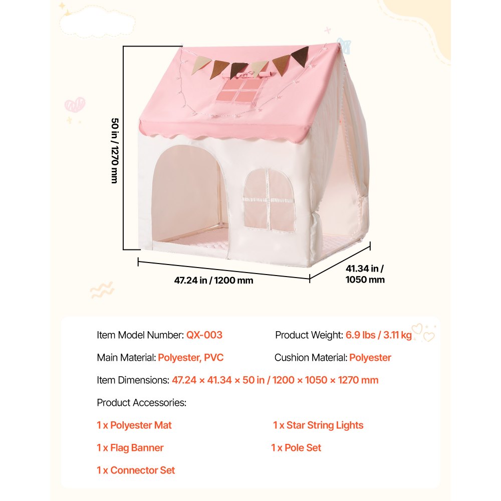 VEVOR Kids Play Tent PVC Frame Playhouse for Kids with Padded Mat Pink, for Toddlers Girls Boys, Indoor & Outdoor, Reading Nook Nap Bed Tent, with Stars Lights, Carry Bag, Flag, Breathable Window