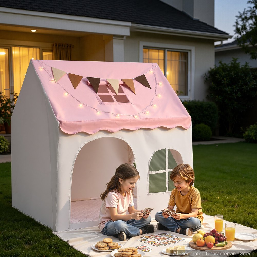 VEVOR Kids Play Tent PVC Frame Playhouse for Kids with Padded Mat Pink, for Toddlers Girls Boys, Indoor & Outdoor, Reading Nook Nap Bed Tent, with Stars Lights, Carry Bag, Flag, Breathable Window