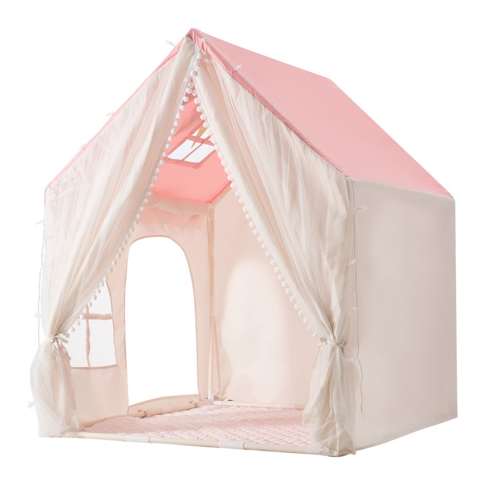 VEVOR Kids Play Tent PVC Frame Playhouse for Kids with Padded Mat Pink, for Toddlers Girls Boys, Indoor & Outdoor, Reading Nook Nap Bed Tent, with Stars Lights, Carry Bag, Flag, Breathable Window
