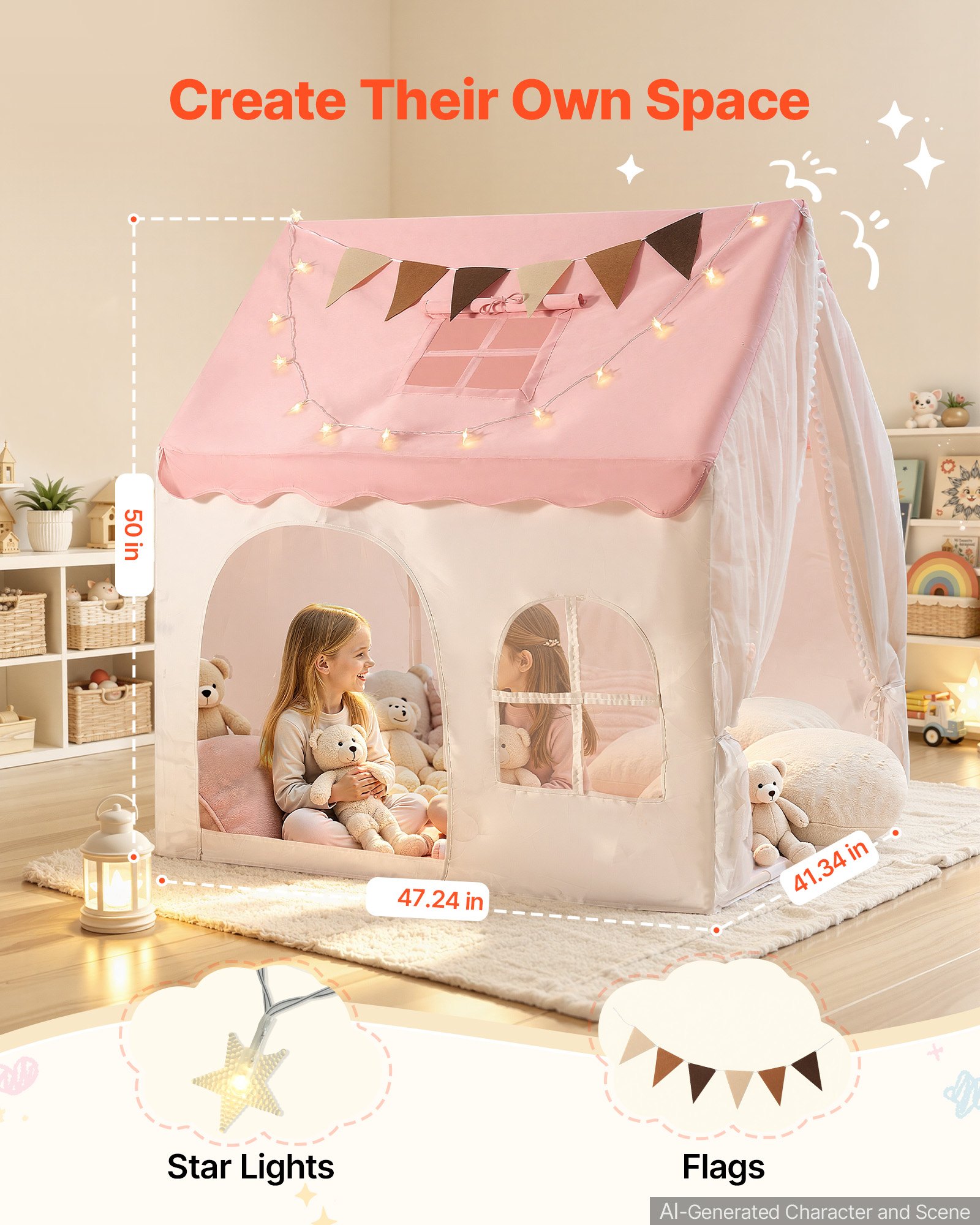VEVOR Kids Play Tent PVC Frame Playhouse for Kids with Padded Mat Pink, for Toddlers Girls Boys, Indoor & Outdoor, Reading Nook Nap Bed Tent, with Stars Lights, Carry Bag, Flag, Breathable Window