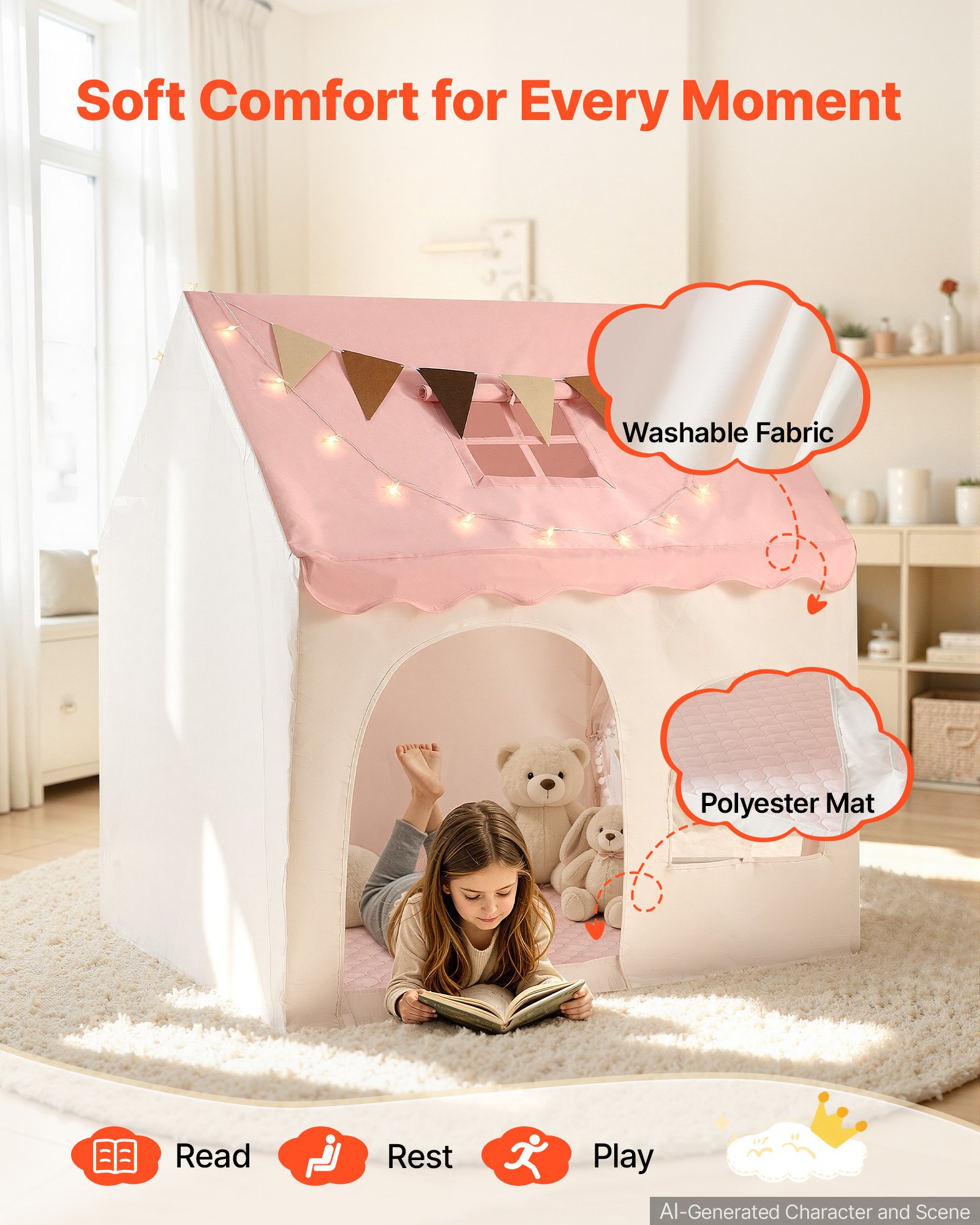 VEVOR Kids Play Tent PVC Frame Playhouse for Kids with Padded Mat Pink, for Toddlers Girls Boys, Indoor & Outdoor, Reading Nook Nap Bed Tent, with Stars Lights, Carry Bag, Flag, Breathable Window