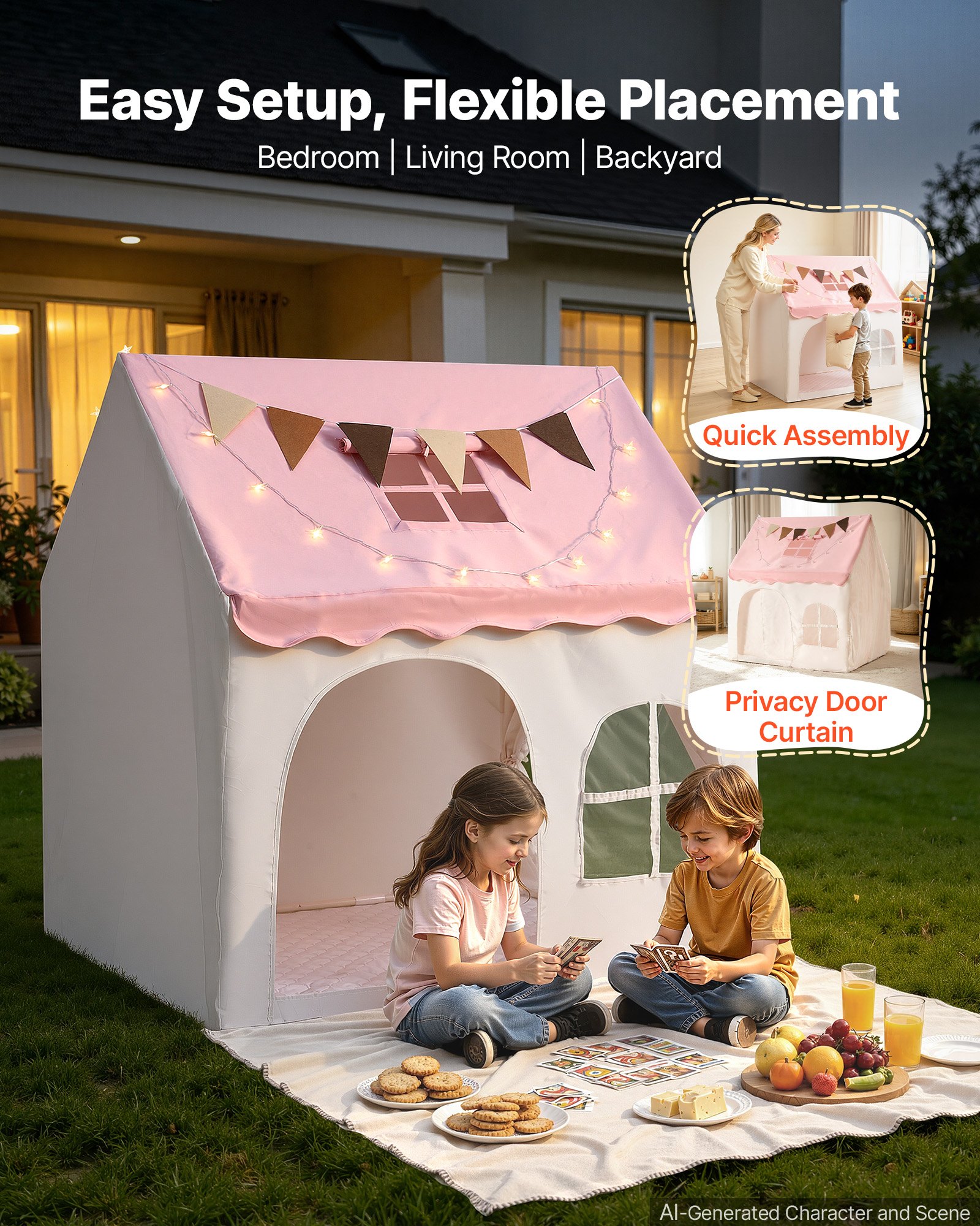VEVOR Kids Play Tent PVC Frame Playhouse for Kids with Padded Mat Pink, for Toddlers Girls Boys, Indoor & Outdoor, Reading Nook Nap Bed Tent, with Stars Lights, Carry Bag, Flag, Breathable Window