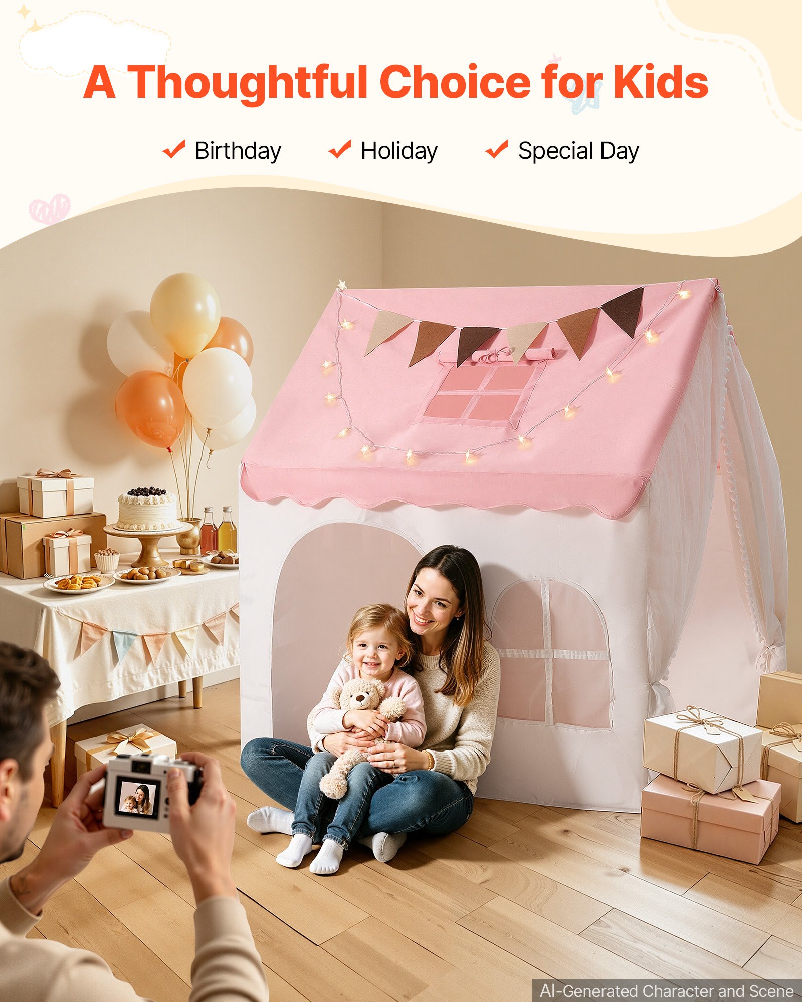 VEVOR Kids Play Tent PVC Frame Playhouse for Kids with Padded Mat Pink, for Toddlers Girls Boys, Indoor & Outdoor, Reading Nook Nap Bed Tent, with Stars Lights, Carry Bag, Flag, Breathable Window