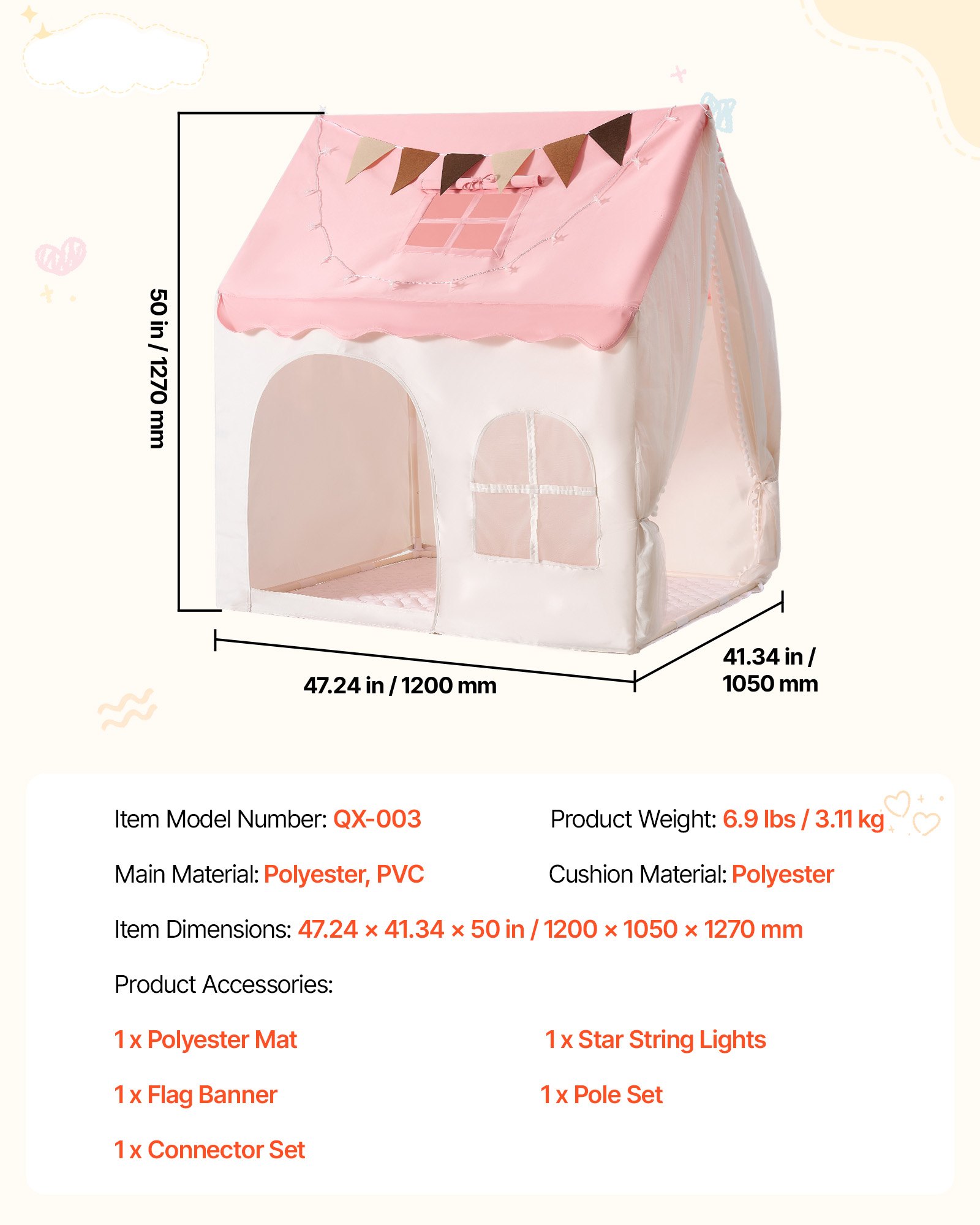 VEVOR Kids Play Tent PVC Frame Playhouse for Kids with Padded Mat Pink, for Toddlers Girls Boys, Indoor & Outdoor, Reading Nook Nap Bed Tent, with Stars Lights, Carry Bag, Flag, Breathable Window