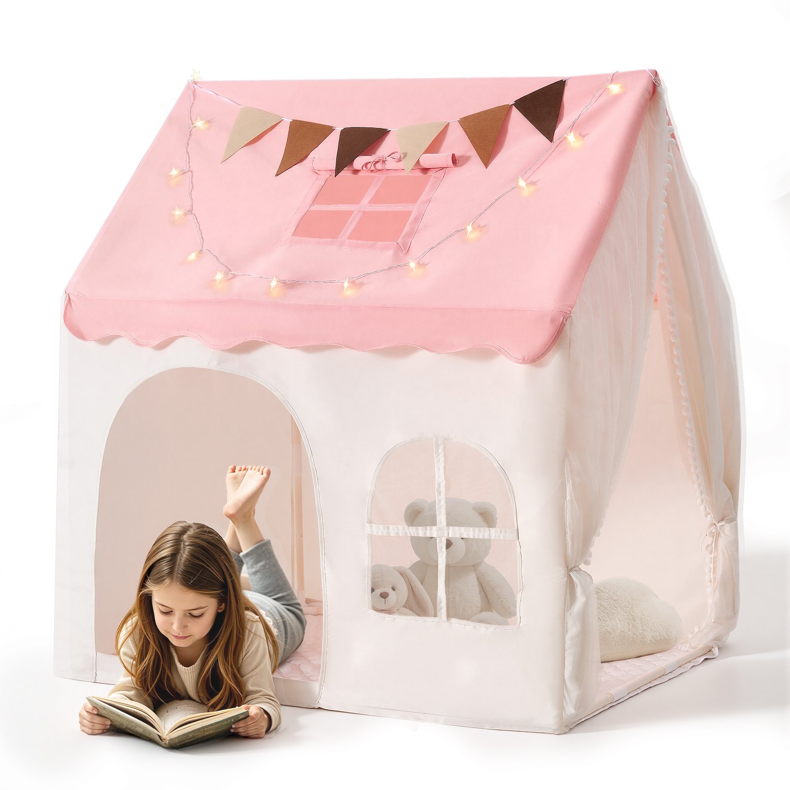 VEVOR Kids Play Tent PVC Frame Playhouse for Kids with Padded Mat Pink, for Toddlers Girls Boys, Indoor & Outdoor, Reading Nook Nap Bed Tent, with Stars Lights, Carry Bag, Flag, Breathable Window