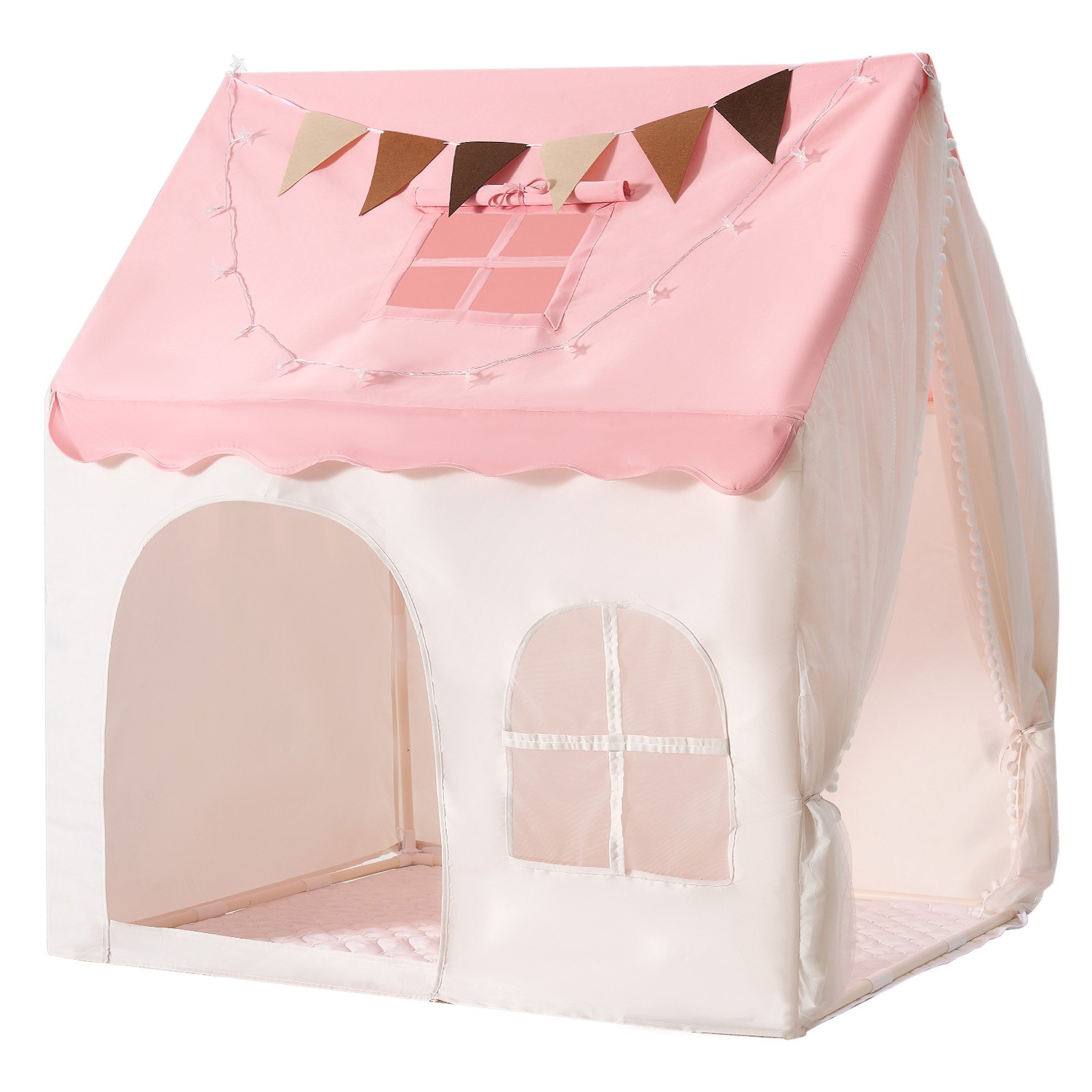 VEVOR Kids Play Tent PVC Frame Playhouse for Kids with Padded Mat Pink, for Toddlers Girls Boys, Indoor & Outdoor, Reading Nook Nap Bed Tent, with Stars Lights, Carry Bag, Flag, Breathable Window