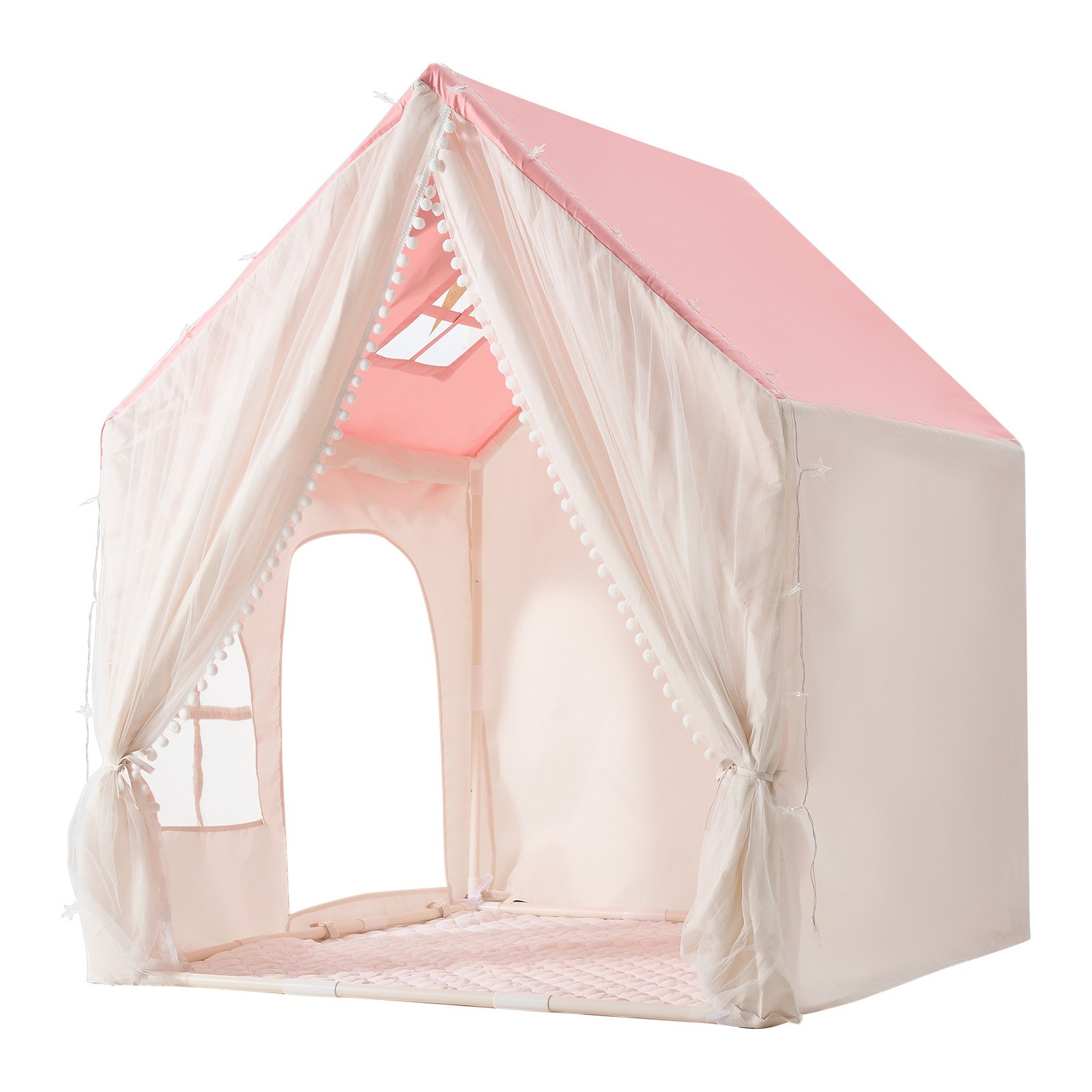 VEVOR Kids Play Tent PVC Frame Playhouse for Kids with Padded Mat Pink, for Toddlers Girls Boys, Indoor & Outdoor, Reading Nook Nap Bed Tent, with Stars Lights, Carry Bag, Flag, Breathable Window