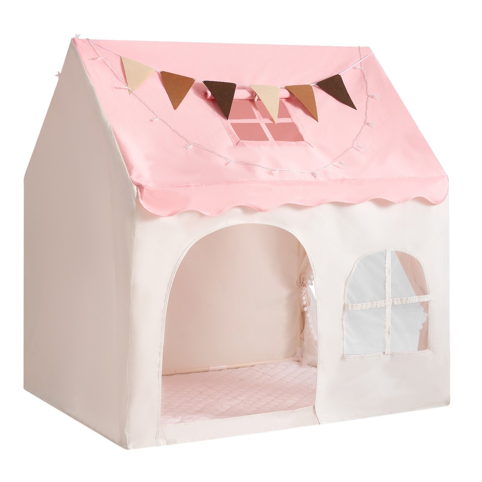 VEVOR Kids Play Tent PVC Frame Playhouse for Kids with Padded Mat Pink, for Toddlers Girls Boys, Indoor & Outdoor, Reading Nook Nap Bed Tent, with Stars Lights, Carry Bag, Flag, Breathable Window