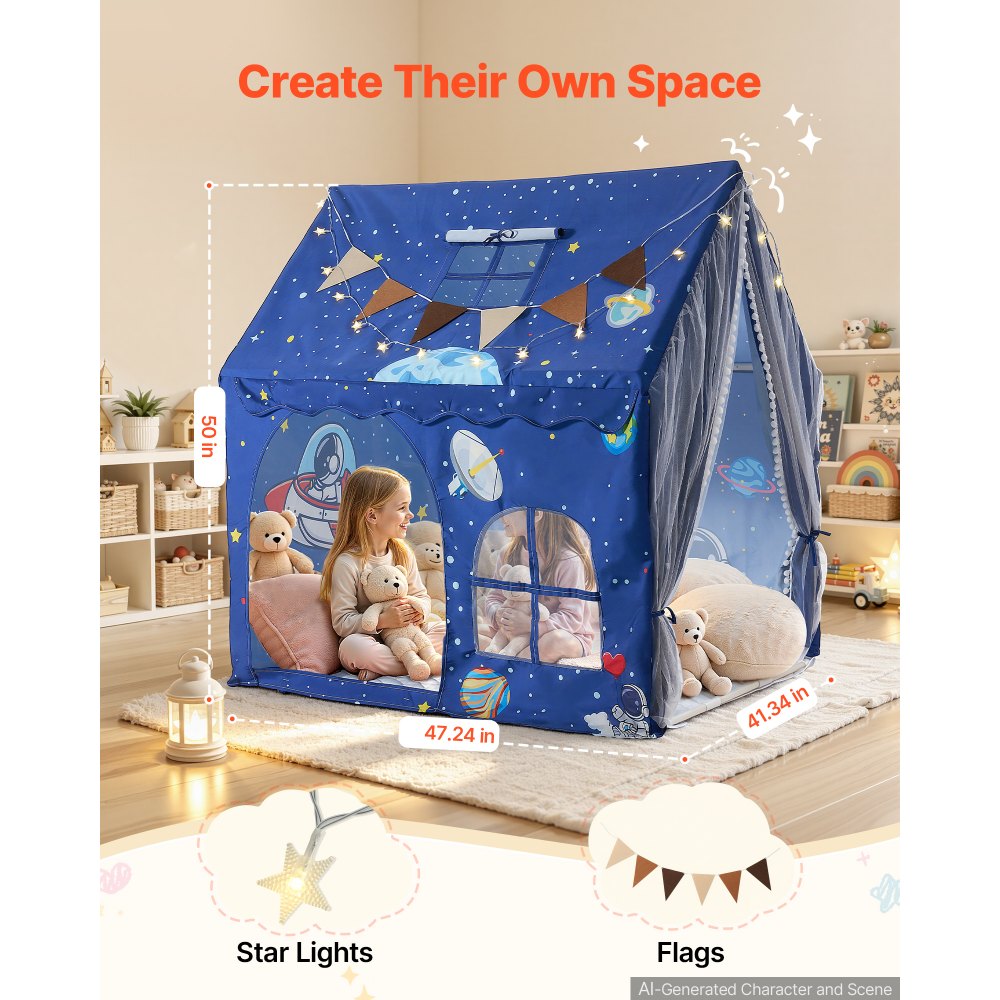 VEVOR Kids Play Tent PVC Frame Playhouse for Kids with Padded Mat Blue, for Toddlers Girls Boys, Indoor & Outdoor, Reading Nook Nap Bed Tent, with Stars Lights, Carry Bag, Flag, Breathable Window