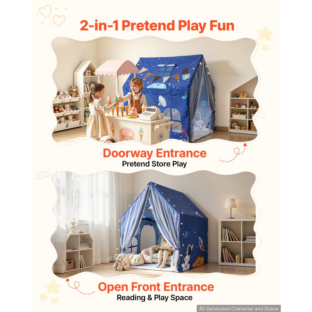VEVOR Kids Play Tent PVC Frame Playhouse for Kids with Padded Mat Blue, for Toddlers Girls Boys, Indoor & Outdoor, Reading Nook Nap Bed Tent, with Stars Lights, Carry Bag, Flag, Breathable Window