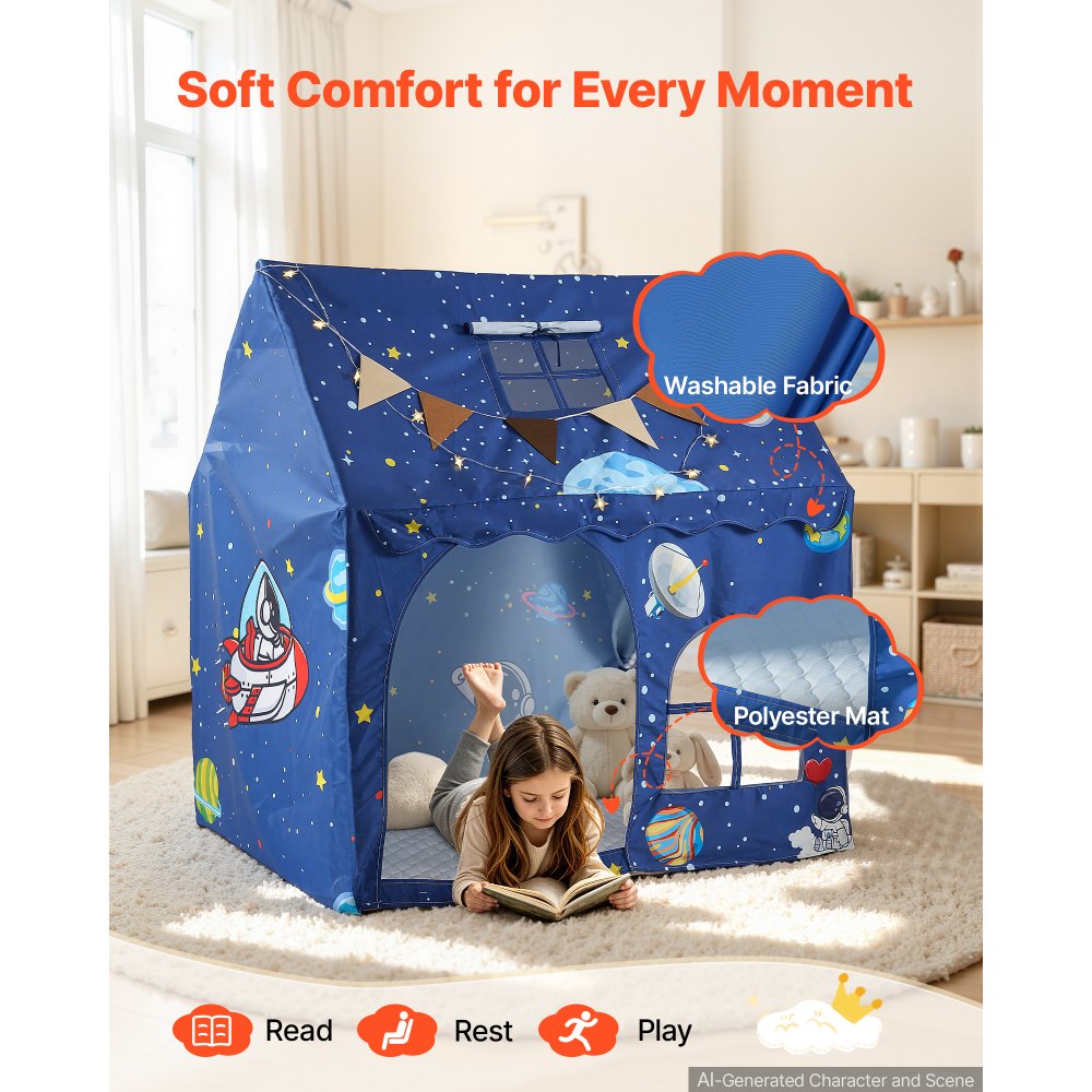 VEVOR Kids Play Tent PVC Frame Playhouse for Kids with Padded Mat Blue, for Toddlers Girls Boys, Indoor & Outdoor, Reading Nook Nap Bed Tent, with Stars Lights, Carry Bag, Flag, Breathable Window