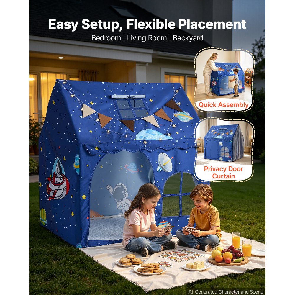 VEVOR Kids Play Tent PVC Frame Playhouse for Kids with Padded Mat Blue, for Toddlers Girls Boys, Indoor & Outdoor, Reading Nook Nap Bed Tent, with Stars Lights, Carry Bag, Flag, Breathable Window