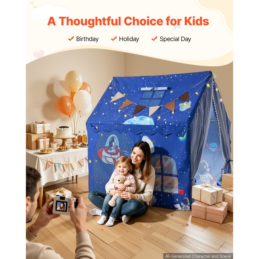 VEVOR Kids Play Tent PVC Frame Playhouse for Kids with Padded Mat Blue, for Toddlers Girls Boys, Indoor & Outdoor, Reading Nook Nap Bed Tent, with Stars Lights, Carry Bag, Flag, Breathable Window