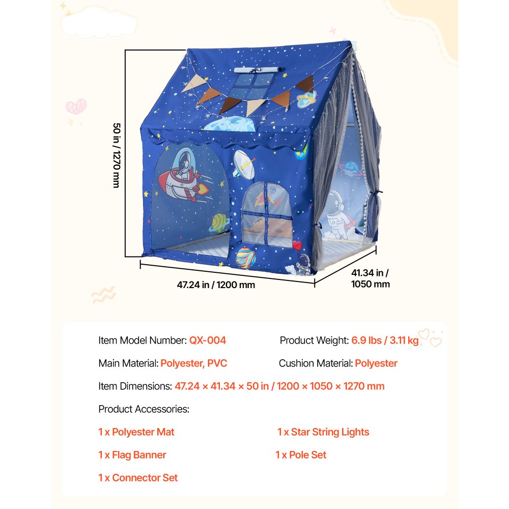 VEVOR Kids Play Tent PVC Frame Playhouse for Kids with Padded Mat Blue, for Toddlers Girls Boys, Indoor & Outdoor, Reading Nook Nap Bed Tent, with Stars Lights, Carry Bag, Flag, Breathable Window