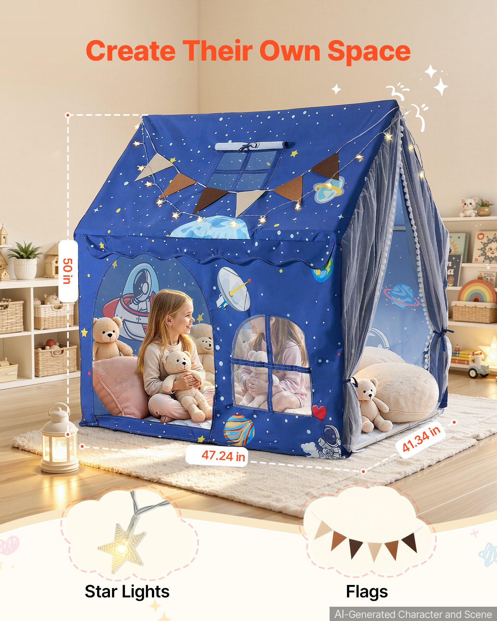 VEVOR Kids Play Tent PVC Frame Playhouse for Kids with Padded Mat Blue, for Toddlers Girls Boys, Indoor & Outdoor, Reading Nook Nap Bed Tent, with Stars Lights, Carry Bag, Flag, Breathable Window