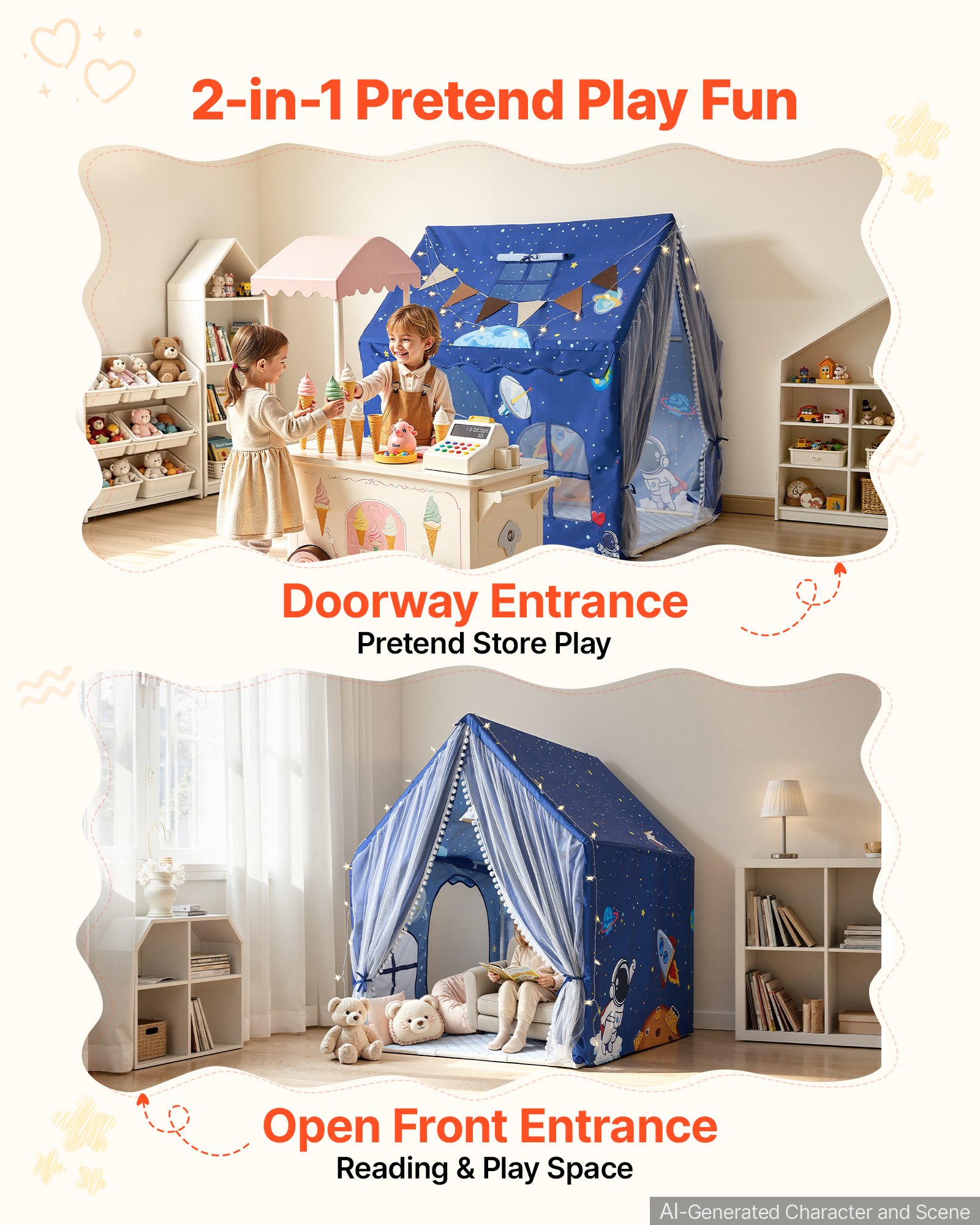 VEVOR Kids Play Tent PVC Frame Playhouse for Kids with Padded Mat Blue, for Toddlers Girls Boys, Indoor & Outdoor, Reading Nook Nap Bed Tent, with Stars Lights, Carry Bag, Flag, Breathable Window