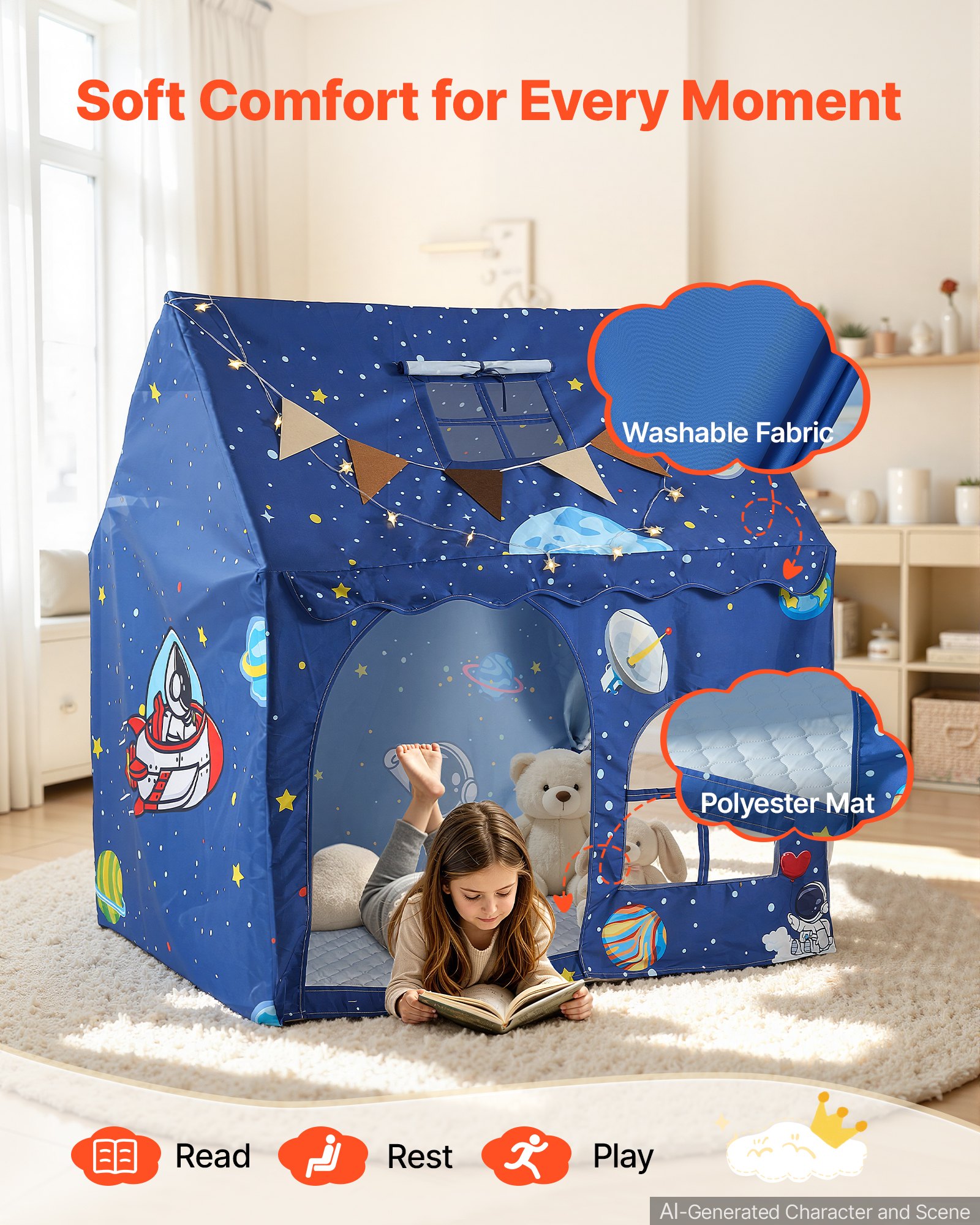 VEVOR Kids Play Tent PVC Frame Playhouse for Kids with Padded Mat Blue, for Toddlers Girls Boys, Indoor & Outdoor, Reading Nook Nap Bed Tent, with Stars Lights, Carry Bag, Flag, Breathable Window