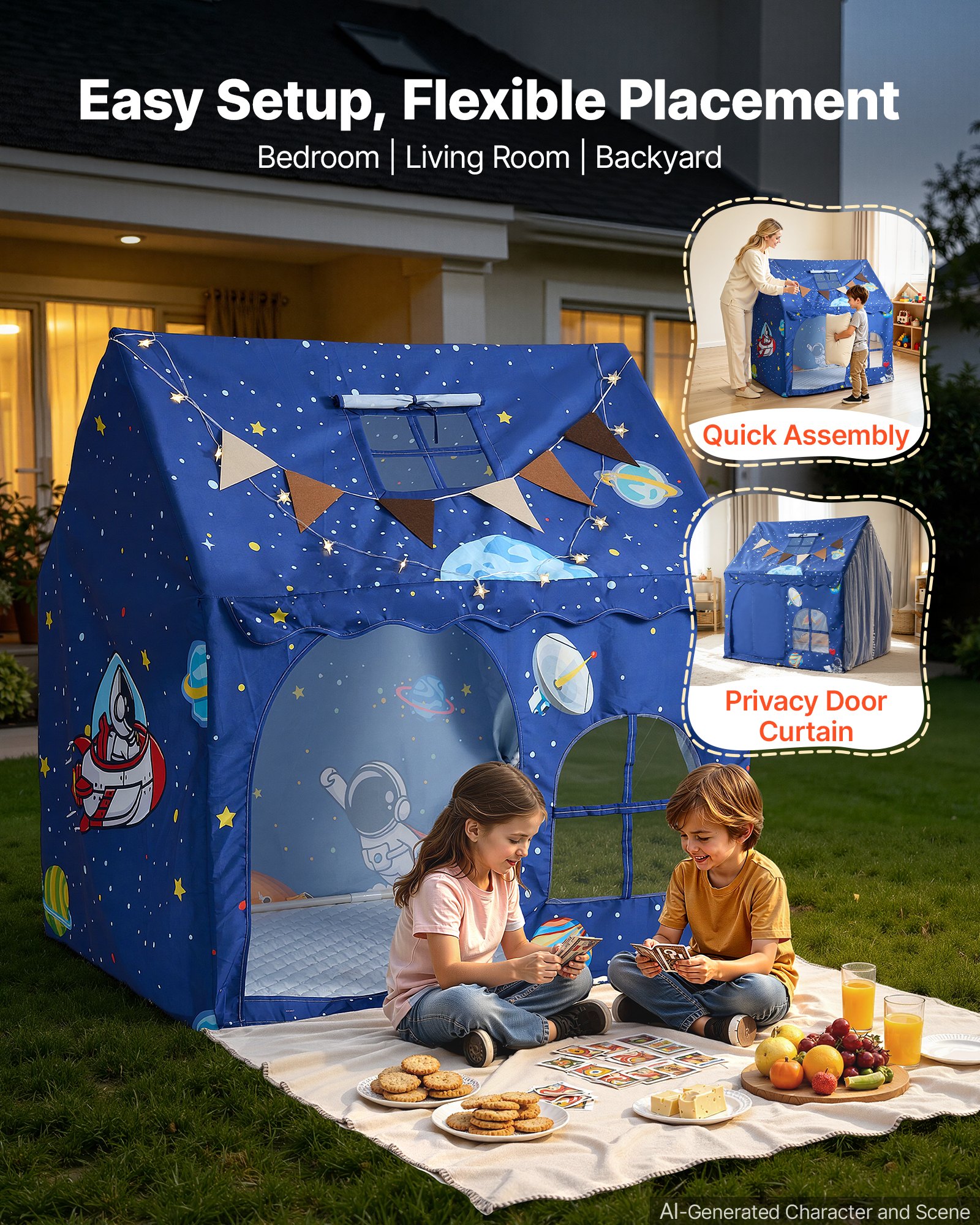 VEVOR Kids Play Tent PVC Frame Playhouse for Kids with Padded Mat Blue, for Toddlers Girls Boys, Indoor & Outdoor, Reading Nook Nap Bed Tent, with Stars Lights, Carry Bag, Flag, Breathable Window