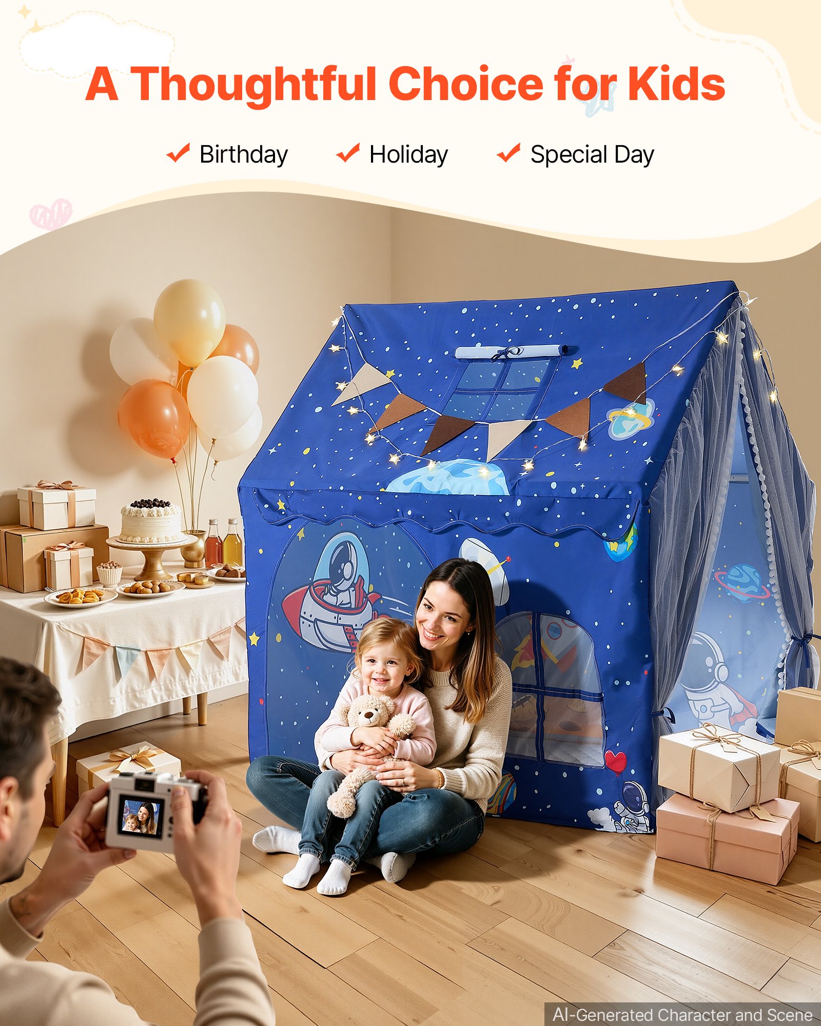 VEVOR Kids Play Tent PVC Frame Playhouse for Kids with Padded Mat Blue, for Toddlers Girls Boys, Indoor & Outdoor, Reading Nook Nap Bed Tent, with Stars Lights, Carry Bag, Flag, Breathable Window