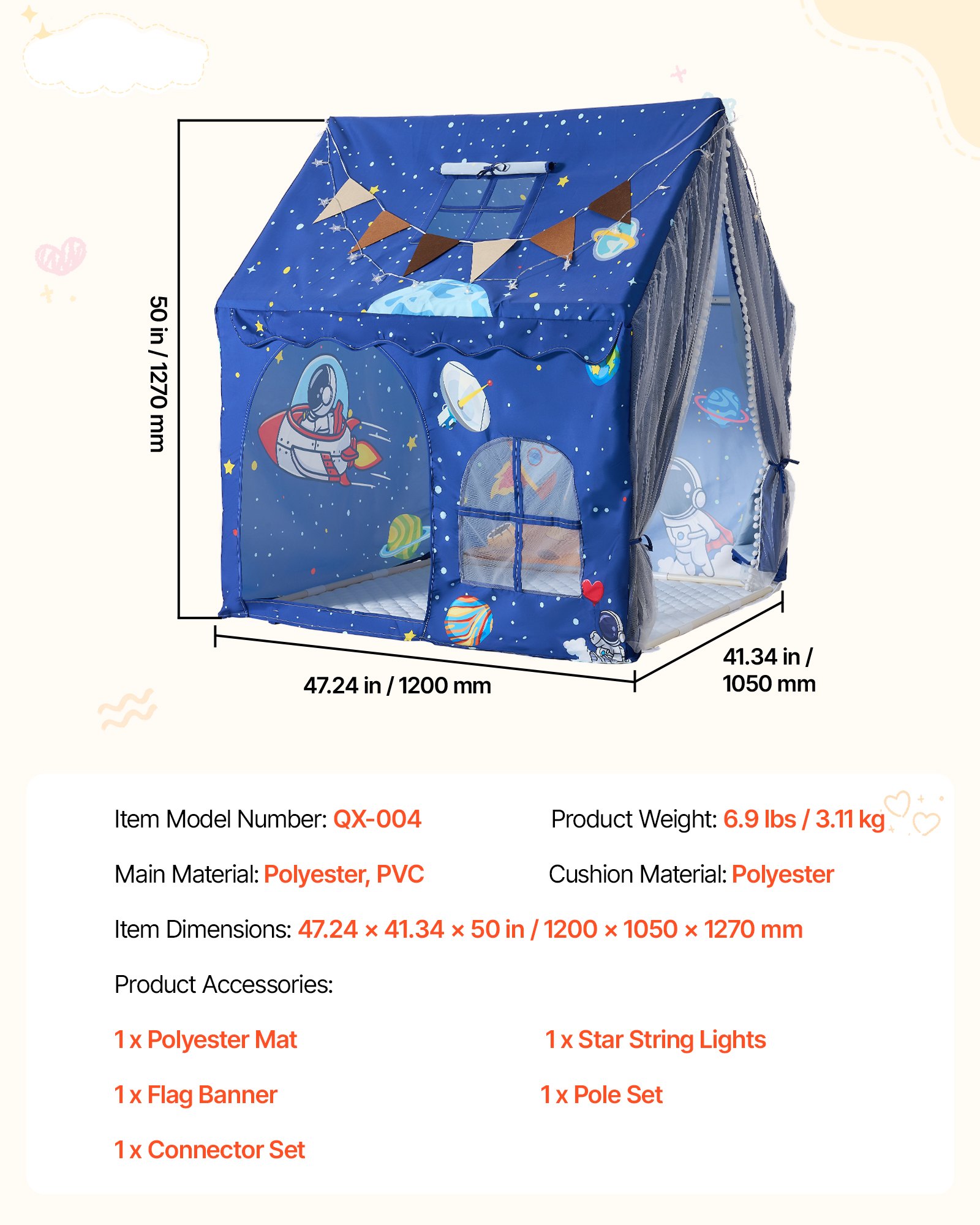 VEVOR Kids Play Tent PVC Frame Playhouse for Kids with Padded Mat Blue, for Toddlers Girls Boys, Indoor & Outdoor, Reading Nook Nap Bed Tent, with Stars Lights, Carry Bag, Flag, Breathable Window