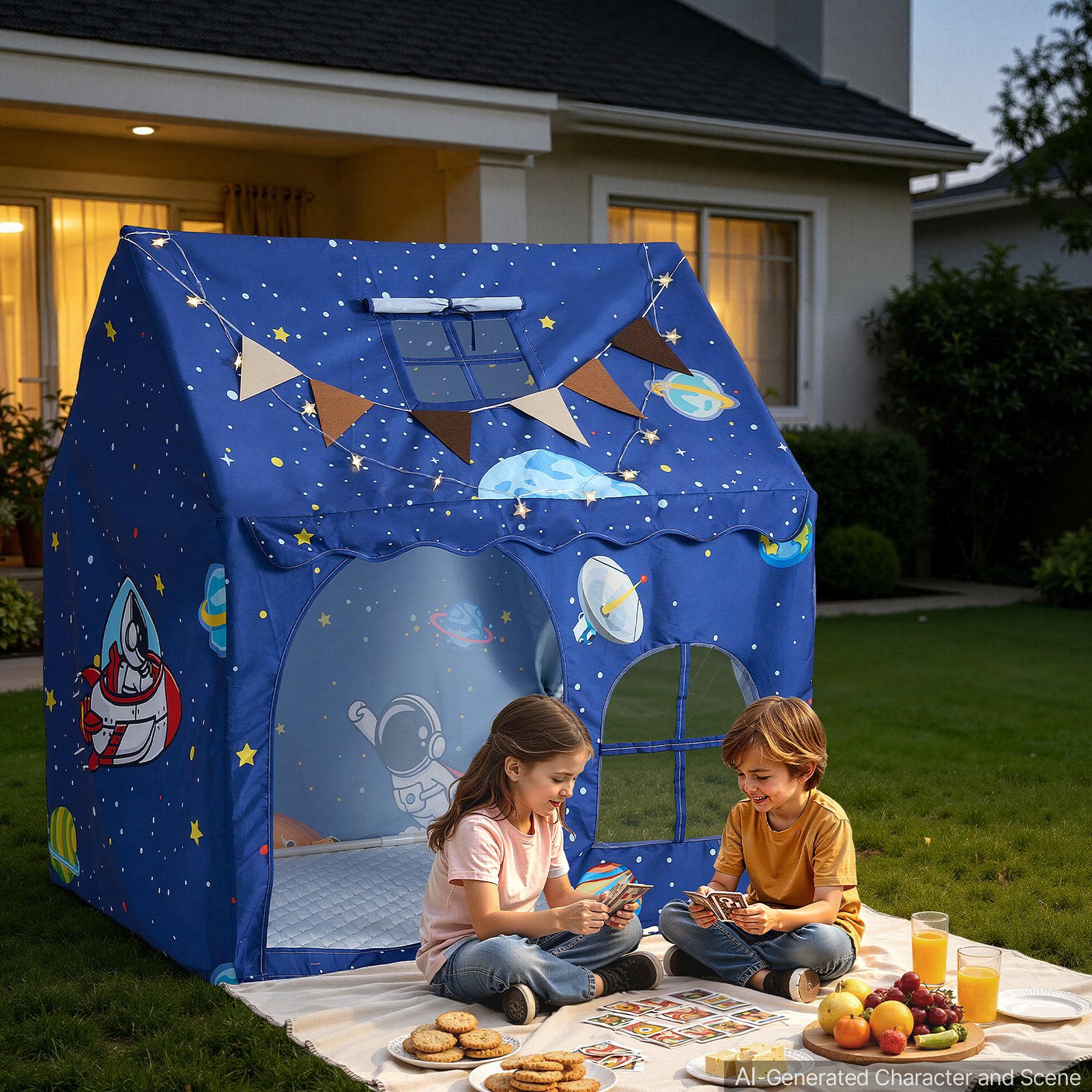 VEVOR Kids Play Tent PVC Frame Playhouse for Kids with Padded Mat Blue, for Toddlers Girls Boys, Indoor & Outdoor, Reading Nook Nap Bed Tent, with Stars Lights, Carry Bag, Flag, Breathable Window
