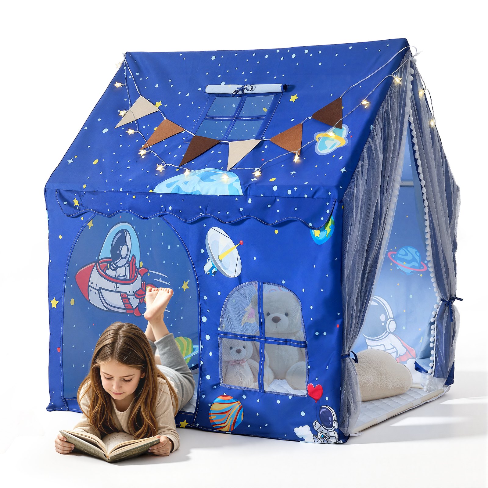 VEVOR Kids Play Tent PVC Frame Playhouse for Kids with Padded Mat Blue, for Toddlers Girls Boys, Indoor & Outdoor, Reading Nook Nap Bed Tent, with Stars Lights, Carry Bag, Flag, Breathable Window