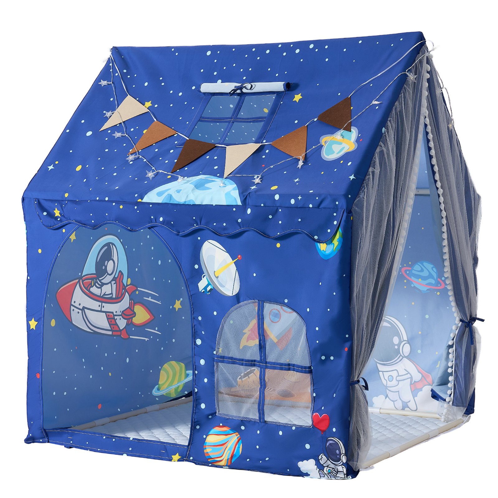 VEVOR Kids Play Tent PVC Frame Playhouse for Kids with Padded Mat Blue, for Toddlers Girls Boys, Indoor & Outdoor, Reading Nook Nap Bed Tent, with Stars Lights, Carry Bag, Flag, Breathable Window