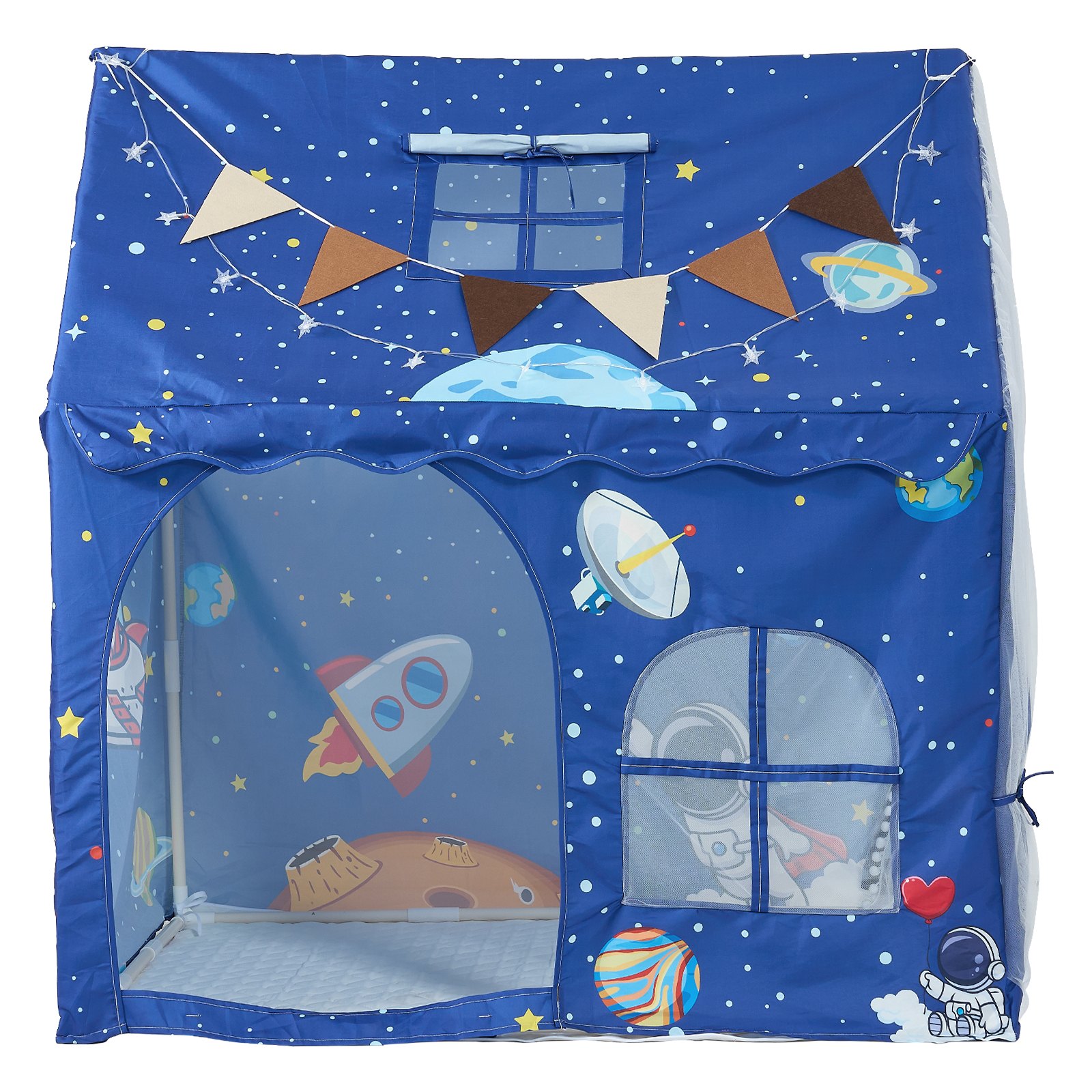 VEVOR Kids Play Tent PVC Frame Playhouse for Kids with Padded Mat Blue, for Toddlers Girls Boys, Indoor & Outdoor, Reading Nook Nap Bed Tent, with Stars Lights, Carry Bag, Flag, Breathable Window