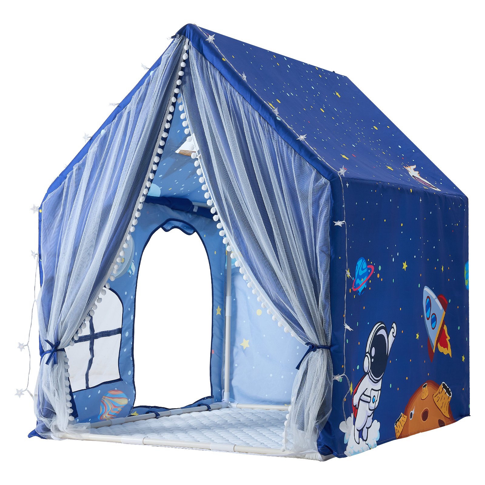 VEVOR Kids Play Tent PVC Frame Playhouse for Kids with Padded Mat Blue, for Toddlers Girls Boys, Indoor & Outdoor, Reading Nook Nap Bed Tent, with Stars Lights, Carry Bag, Flag, Breathable Window