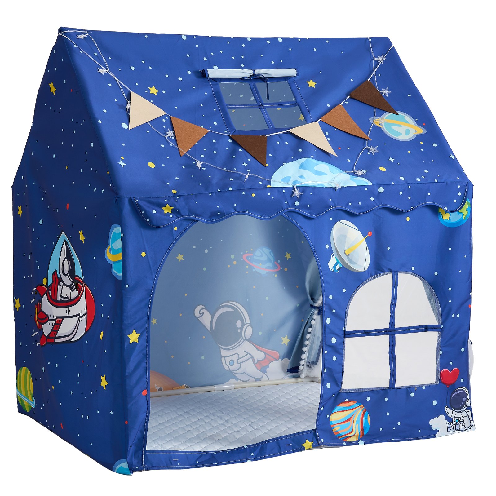 VEVOR Kids Play Tent PVC Frame Playhouse for Kids with Padded Mat Blue, for Toddlers Girls Boys, Indoor & Outdoor, Reading Nook Nap Bed Tent, with Stars Lights, Carry Bag, Flag, Breathable Window