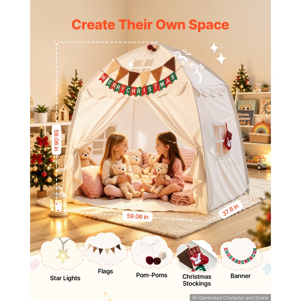 VEVOR Kids Play Tent Fiberglass Frame Playhouse for Kids Padded Mat Beige, for Toddlers Girls Boys, Indoor & Outdoor, Reading Nook Nap Bed Tent, with Stars Lights, Carry Bag, Flag, Breathable Window