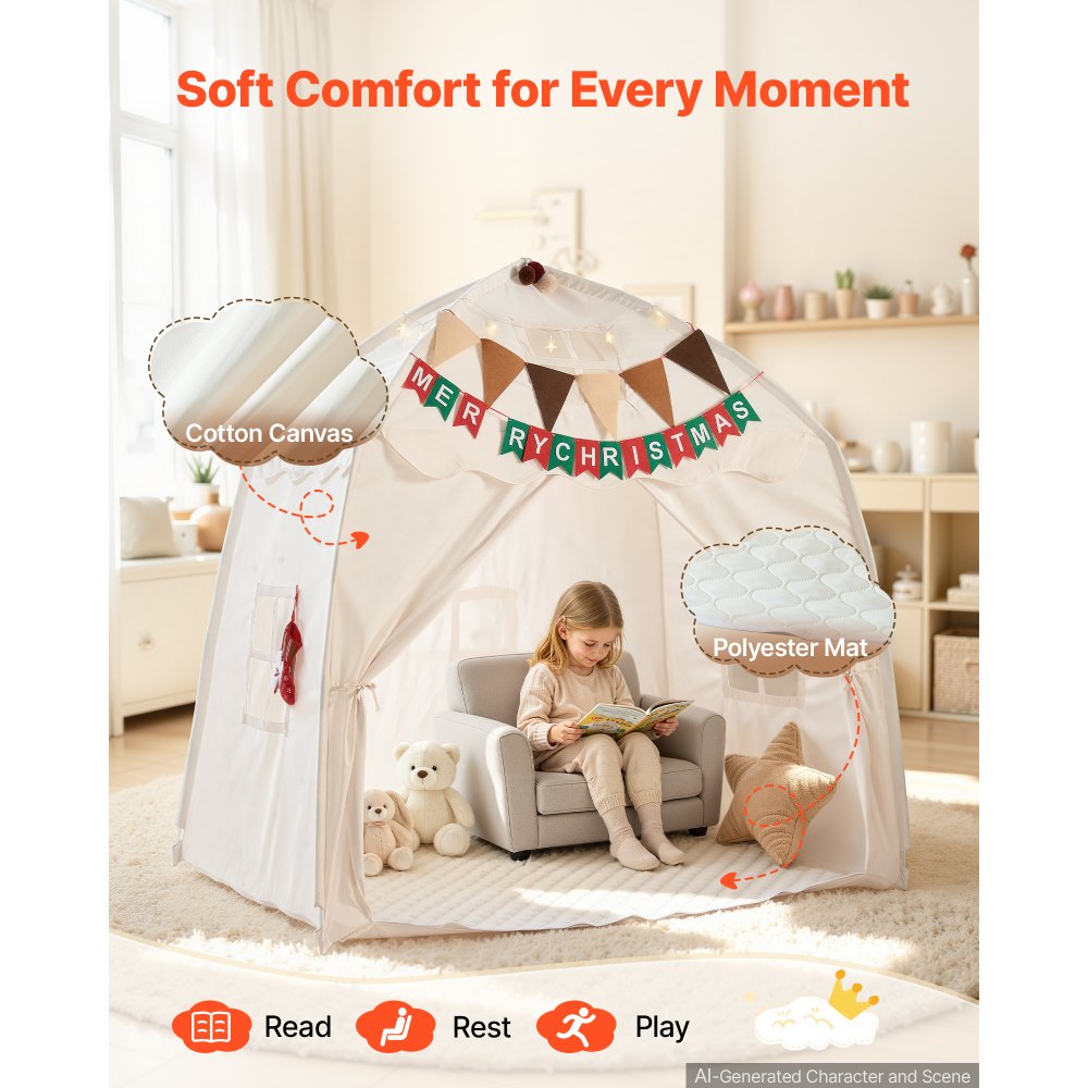 VEVOR Kids Play Tent Fiberglass Frame Playhouse for Kids Padded Mat Beige, for Toddlers Girls Boys, Indoor & Outdoor, Reading Nook Nap Bed Tent, with Stars Lights, Carry Bag, Flag, Breathable Window