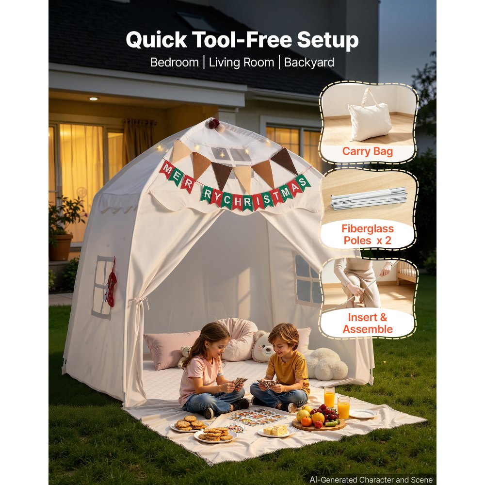 VEVOR Kids Play Tent Fiberglass Frame Playhouse for Kids Padded Mat Beige, for Toddlers Girls Boys, Indoor & Outdoor, Reading Nook Nap Bed Tent, with Stars Lights, Carry Bag, Flag, Breathable Window