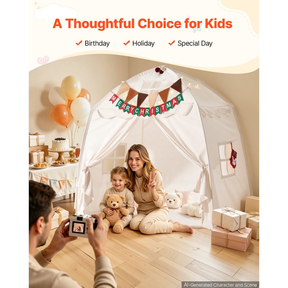 VEVOR Kids Play Tent Fiberglass Frame Playhouse for Kids Padded Mat Beige, for Toddlers Girls Boys, Indoor & Outdoor, Reading Nook Nap Bed Tent, with Stars Lights, Carry Bag, Flag, Breathable Window