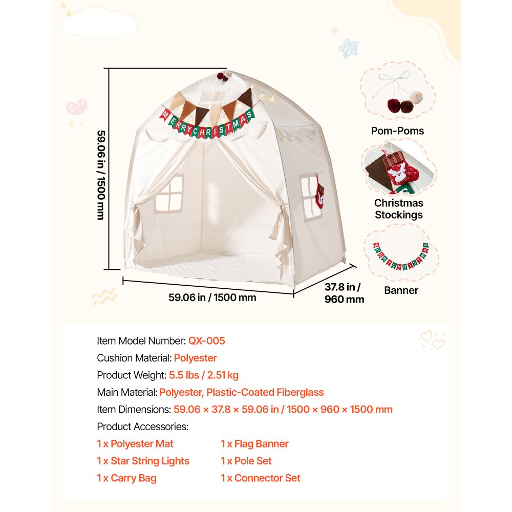 VEVOR Kids Play Tent Fiberglass Frame Playhouse for Kids Padded Mat Beige, for Toddlers Girls Boys, Indoor & Outdoor, Reading Nook Nap Bed Tent, with Stars Lights, Carry Bag, Flag, Breathable Window