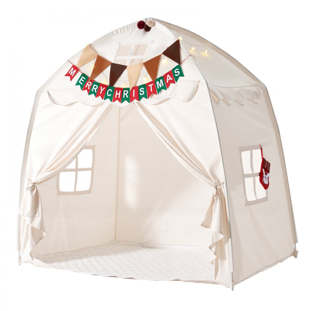 VEVOR Kids Play Tent Fiberglass Frame Playhouse for Kids Padded Mat Beige, for Toddlers Girls Boys, Indoor & Outdoor, Reading Nook Nap Bed Tent, with Stars Lights, Carry Bag, Flag, Breathable Window