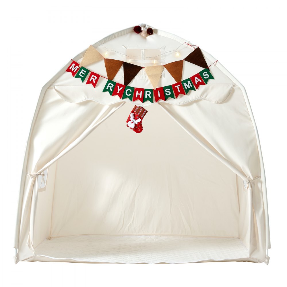 VEVOR Kids Play Tent Fiberglass Frame Playhouse for Kids Padded Mat Beige, for Toddlers Girls Boys, Indoor & Outdoor, Reading Nook Nap Bed Tent, with Stars Lights, Carry Bag, Flag, Breathable Window
