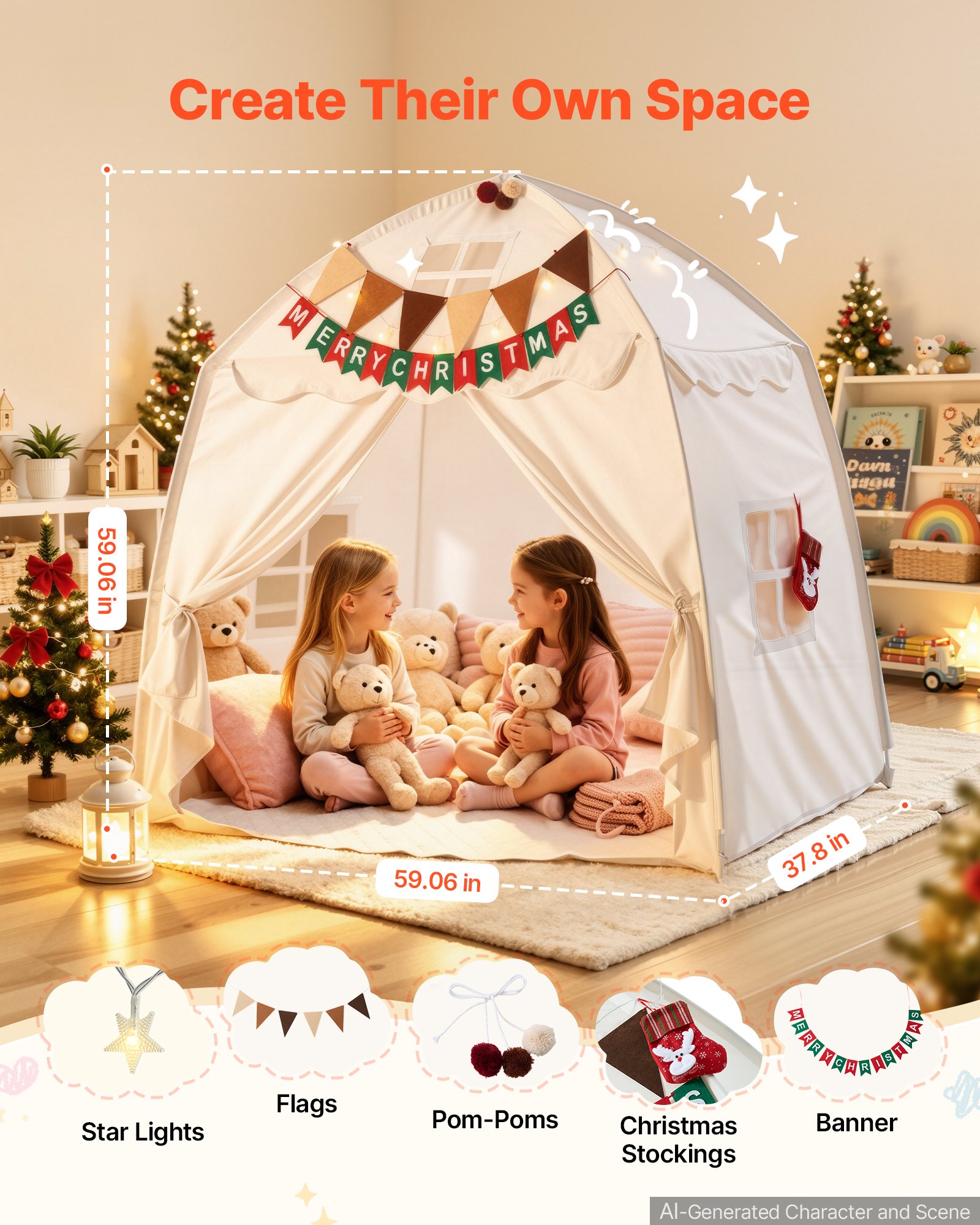 VEVOR Kids Play Tent Fiberglass Frame Playhouse for Kids Padded Mat Beige, for Toddlers Girls Boys, Indoor & Outdoor, Reading Nook Nap Bed Tent, with Stars Lights, Carry Bag, Flag, Breathable Window