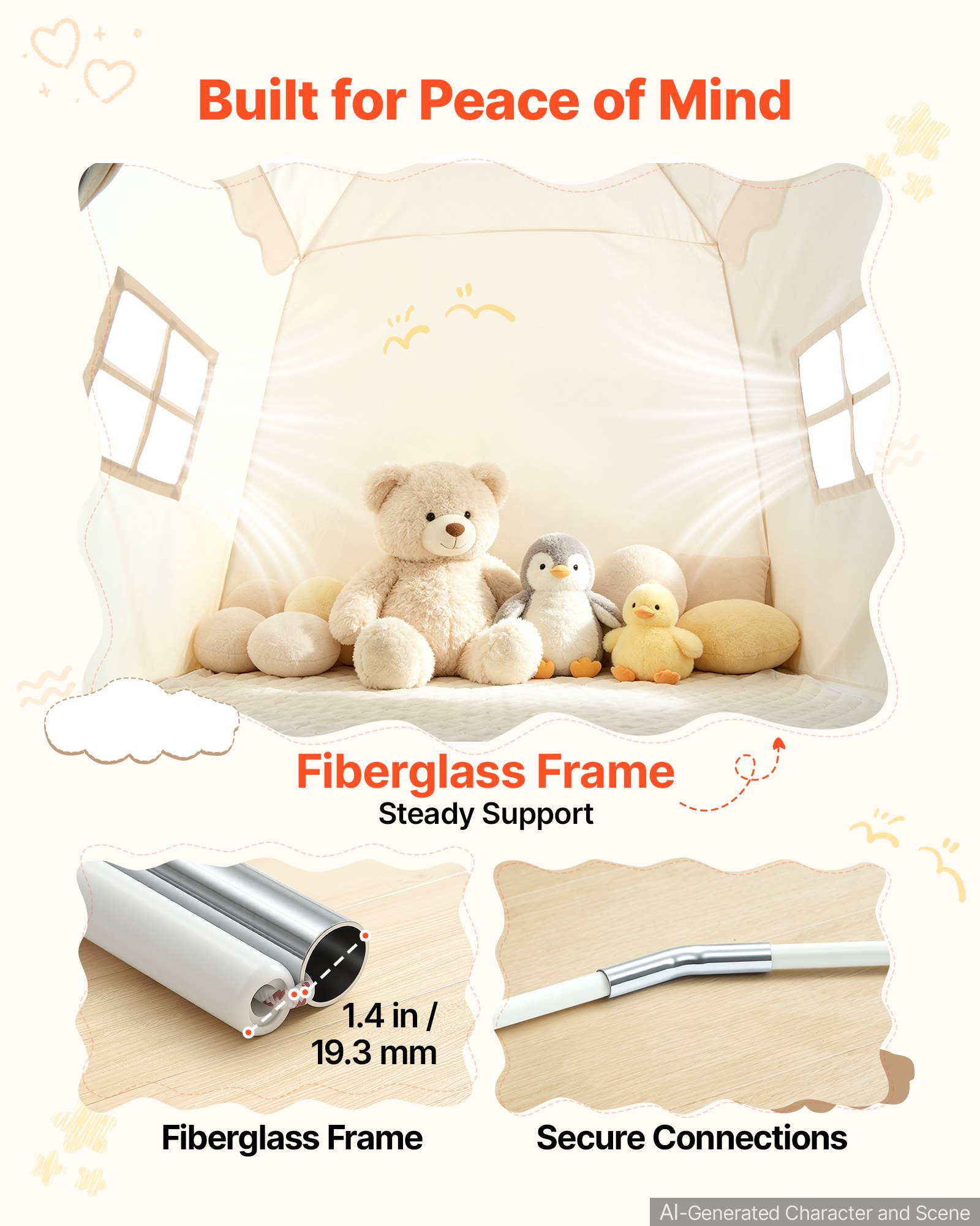 VEVOR Kids Play Tent Fiberglass Frame Playhouse for Kids Padded Mat Beige, for Toddlers Girls Boys, Indoor & Outdoor, Reading Nook Nap Bed Tent, with Stars Lights, Carry Bag, Flag, Breathable Window
