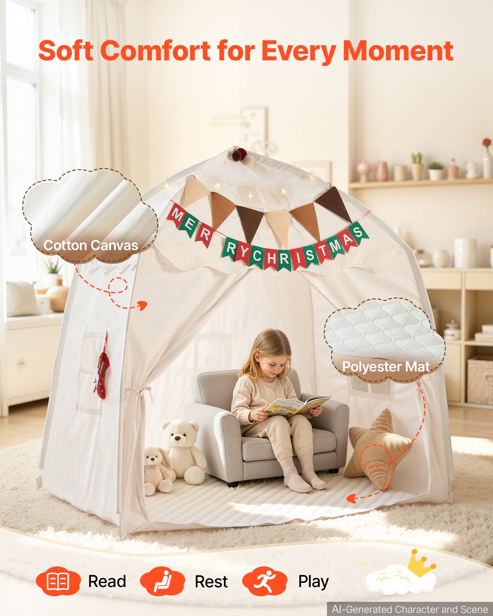 VEVOR Kids Play Tent Fiberglass Frame Playhouse for Kids Padded Mat Beige, for Toddlers Girls Boys, Indoor & Outdoor, Reading Nook Nap Bed Tent, with Stars Lights, Carry Bag, Flag, Breathable Window